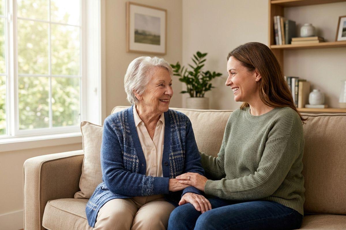 An older adult and their adult family members sit on a sofa, holding hands and smiling at each other in a bright living room.