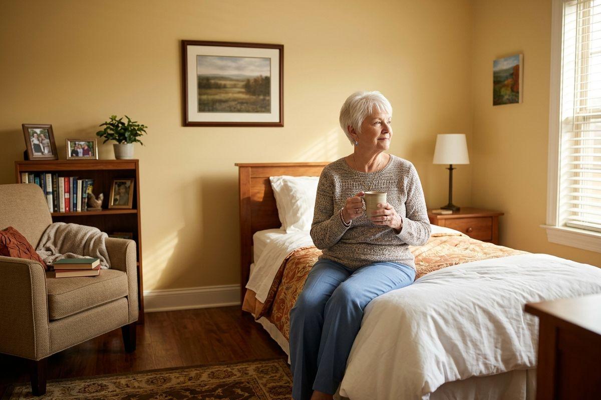 An older adult holding a mug, sitting on a bed and gazing toward a sunlit window in a cozy bedroom.
