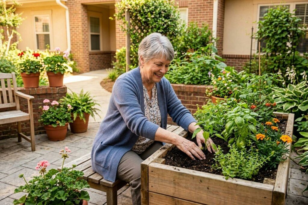 An older adult smiles while planting in a raised garden bed on a brick patio, surrounded by potted flowers and greenery.