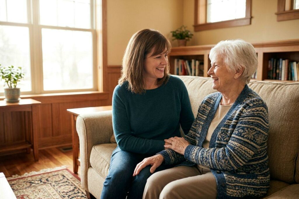 An adult and their older loved one sitting close together on a couch, smiling and holding hands in a sunlit living room.