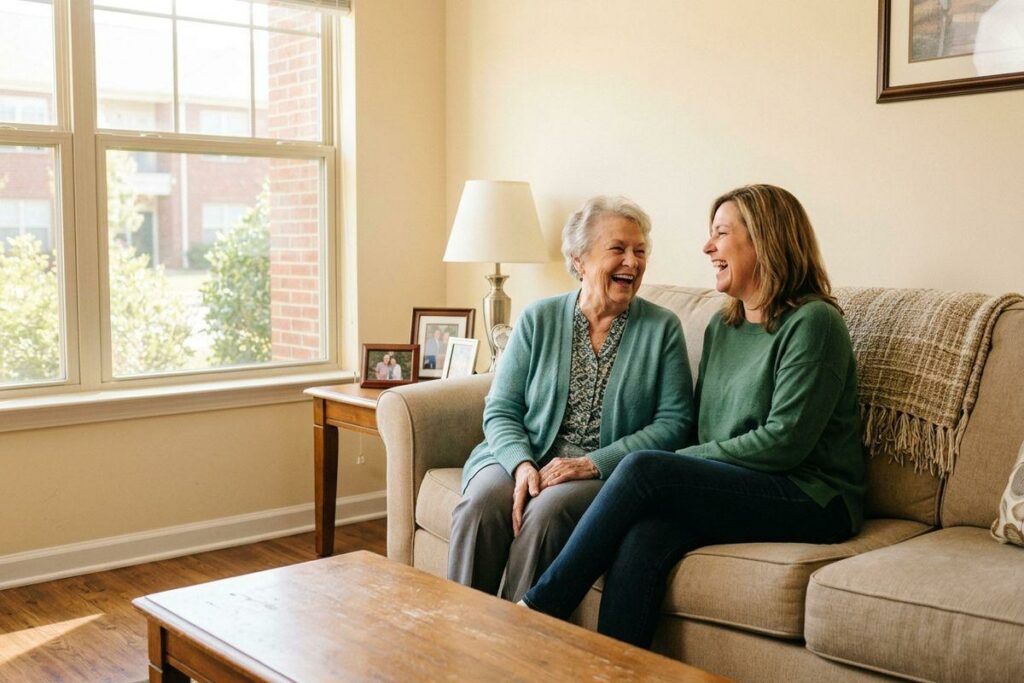 An older adult and their family member laughing together as they sit closely on a couch in a sunlit living room.