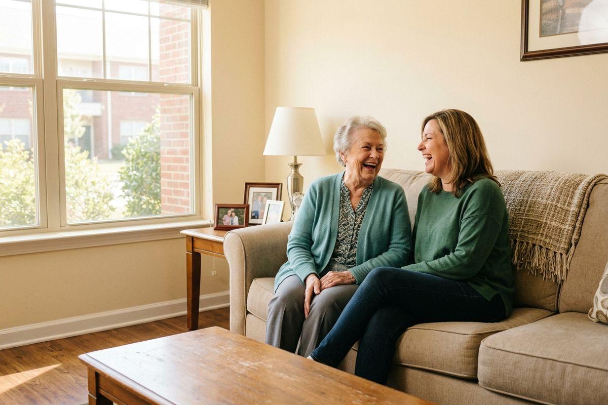 An older adult and their family member laughing together as they sit closely on a couch in a sunlit living room.