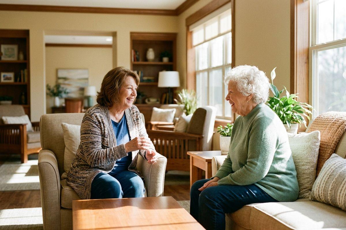 A pair of older adults sitting in armchairs and smiling at each other in a sunlit community living room.